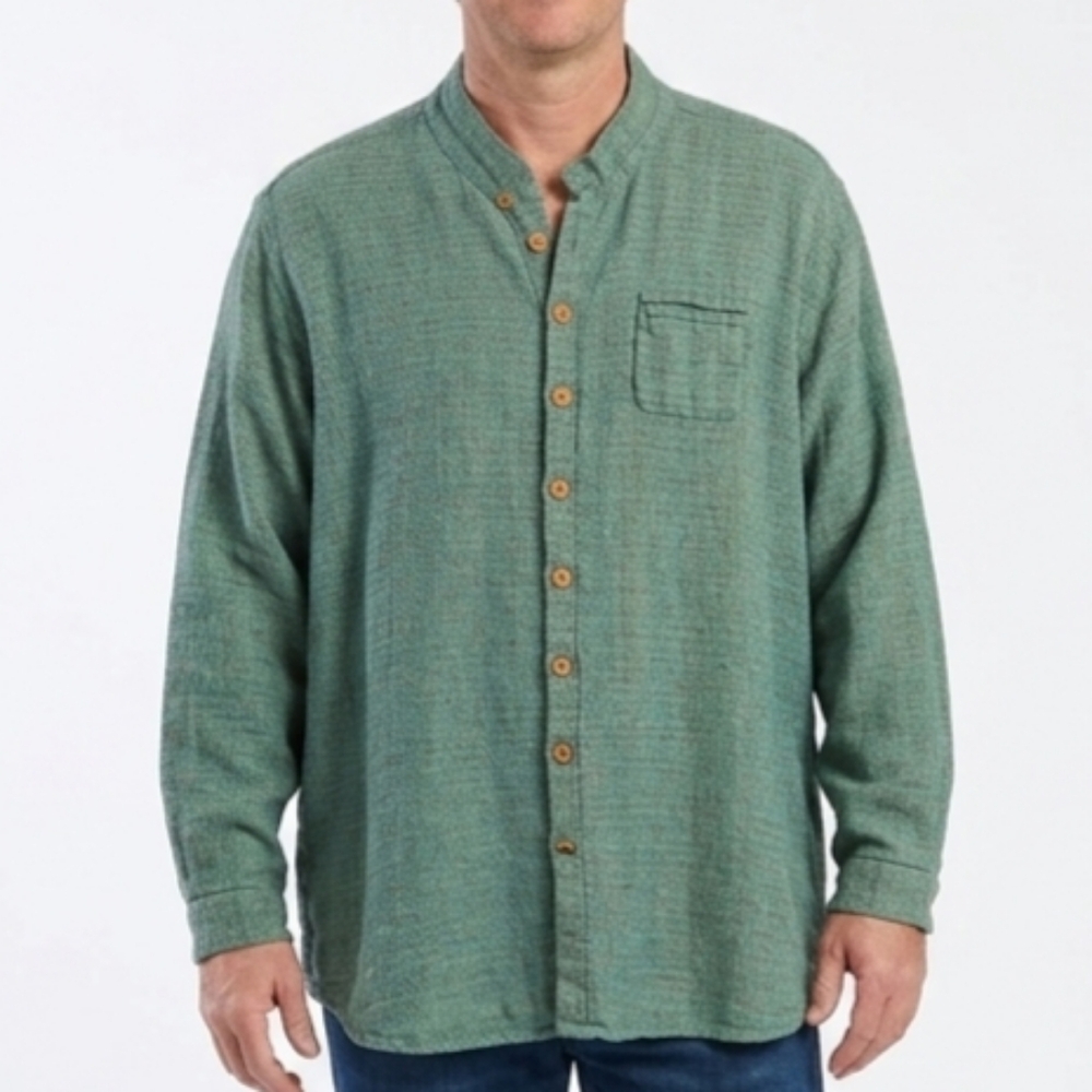 FLAX Slub Linen Button‎ Up Shirt Mandarin Collar Long Sleeve Green Relaxed L EUC